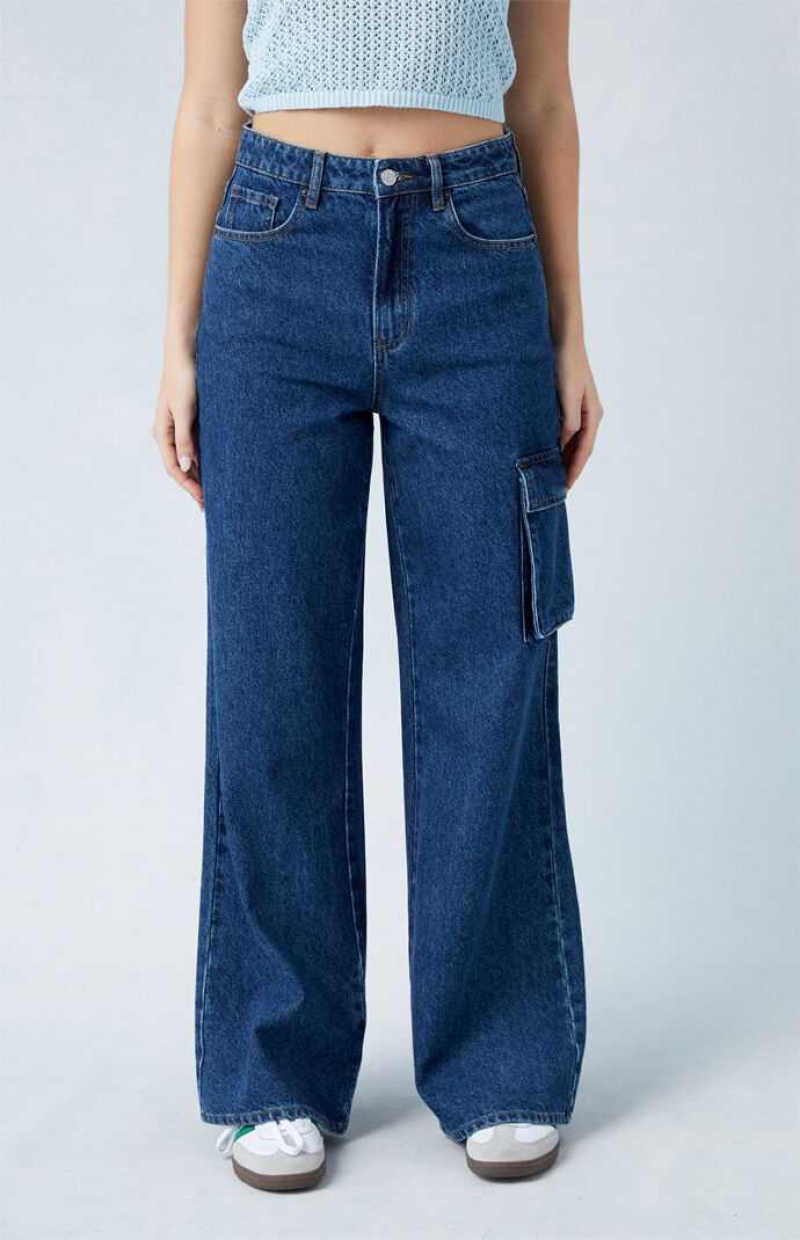 Pantalones PacSun Eco Dark Indigo High Waisted Anchos Leg Cargo Mujer Indigo Oscuro | HLNUI1406