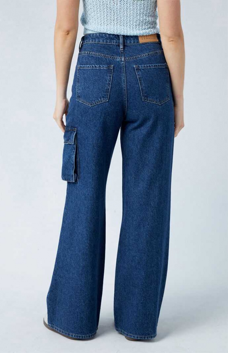 Pantalones PacSun Eco Dark Indigo High Waisted Anchos Leg Cargo Mujer Indigo Oscuro | HLNUI1406