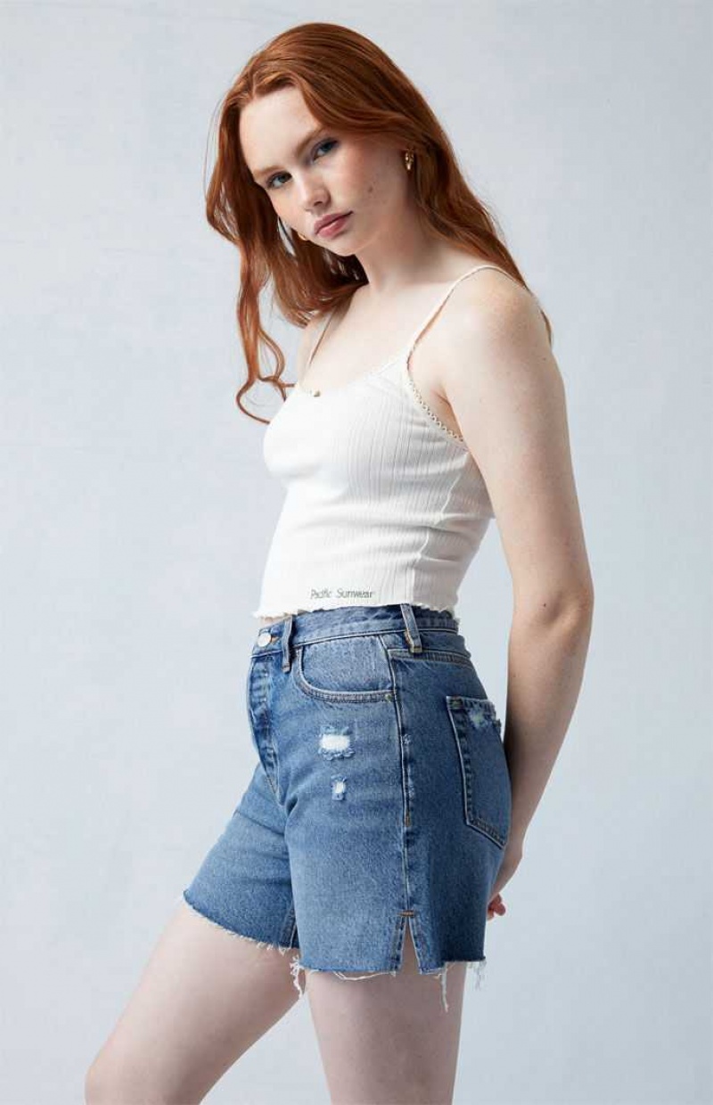 Pantalones PacSun Eco Dark Indigo Ripped High Waisted Relaxed Jorts Mujer Indigo | MOPBV8406