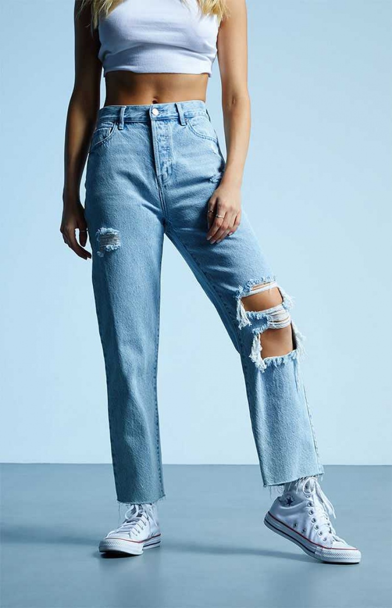 Pantalones PacSun Eco Light Blue Ripped High Waisted Directo Leg Mujer Indigo | UQWAE8397