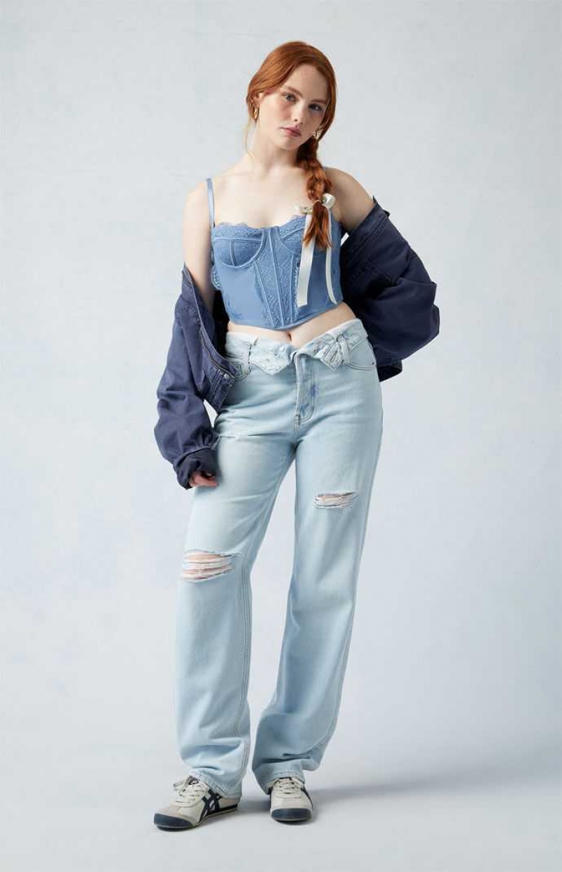 Pantalones PacSun Eco Light Indigo Fold-Over Ripped '90s Boyfriend Mujer Indigo | CGYZP3249