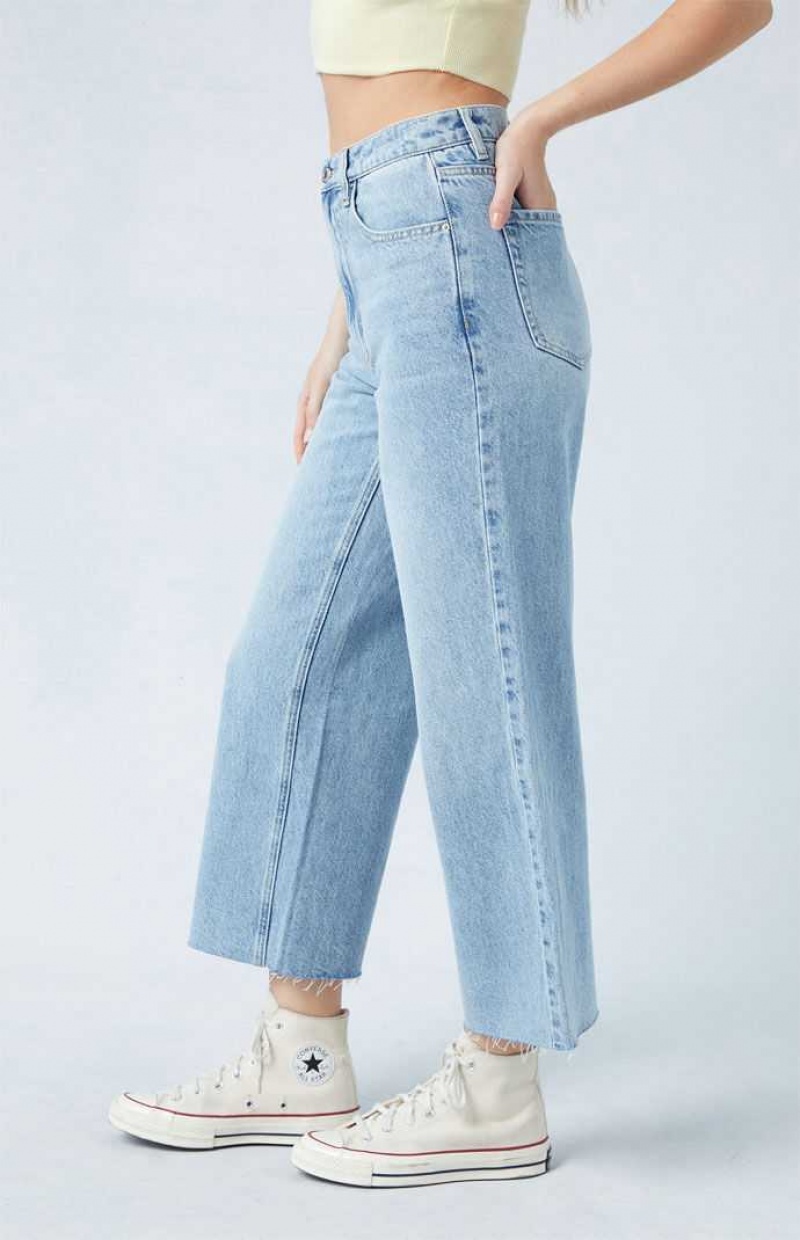 Pantalones PacSun Eco Light Indigo Raw Cut Cropped Anchos Leg Mujer Indigo | HRXWB6520