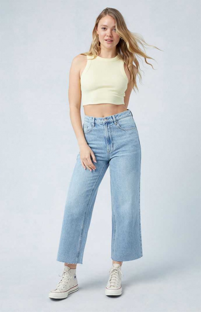 Pantalones PacSun Eco Light Indigo Raw Cut Cropped Anchos Leg Mujer Indigo | HRXWB6520