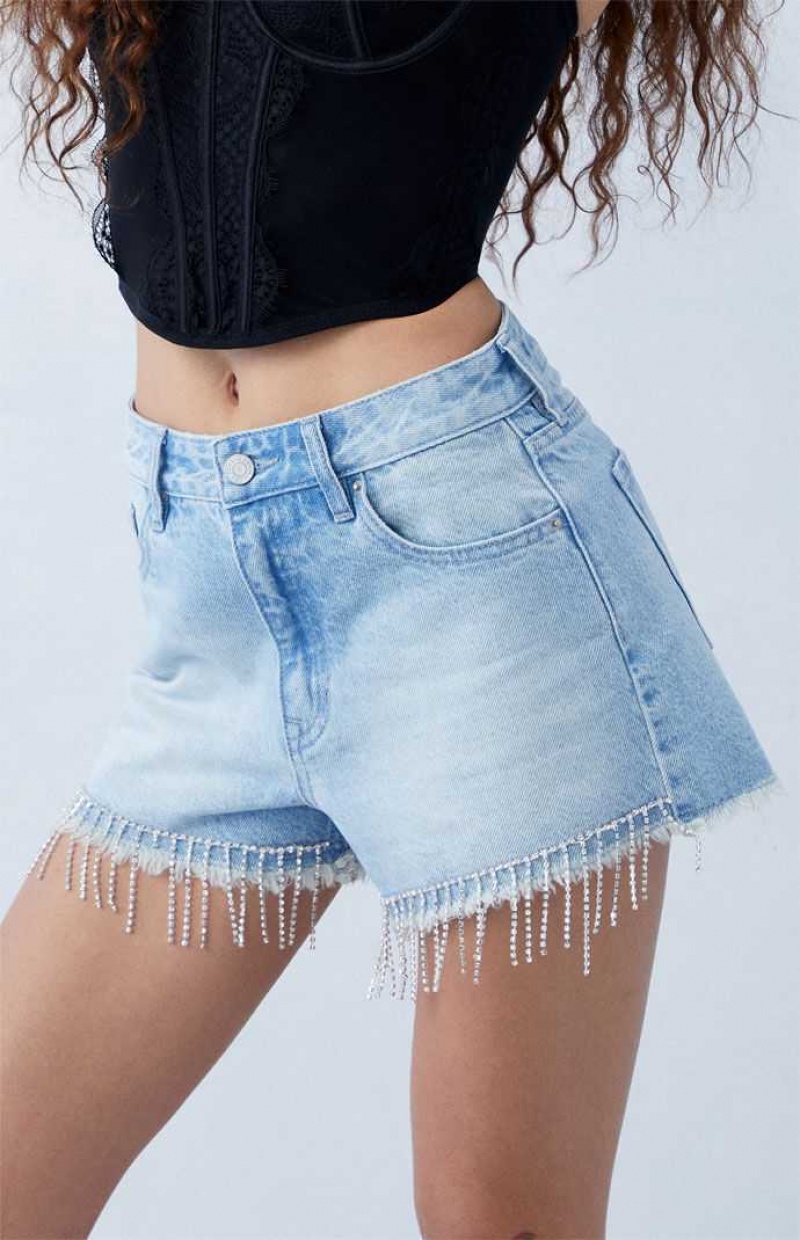 Pantalones PacSun Eco Light Indigo Rhinestone High Waisted Denim Festival Mujer Indigo | SUHIZ5431