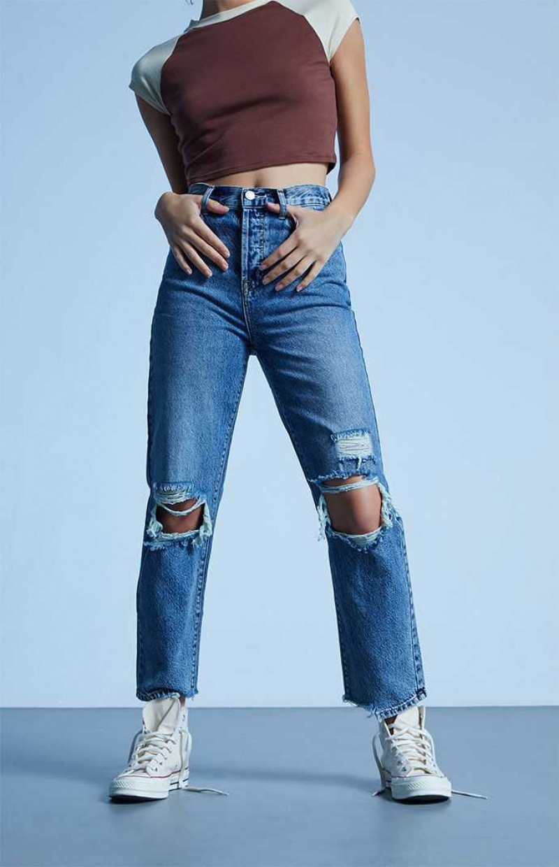 Pantalones PacSun Eco Medium Blue Distressed High Waisted Directo Leg Mujer Indigo | CPFGO5129