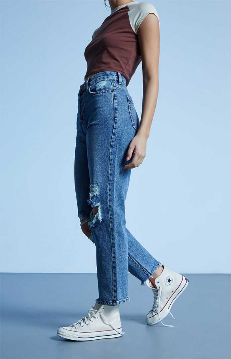 Pantalones PacSun Eco Medium Blue Distressed High Waisted Directo Leg Mujer Indigo | CPFGO5129