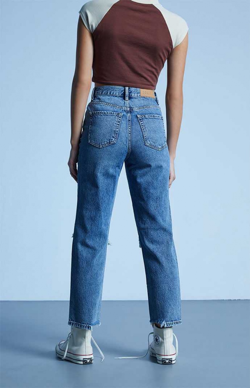 Pantalones PacSun Eco Medium Blue Distressed High Waisted Directo Leg Mujer Indigo | CPFGO5129