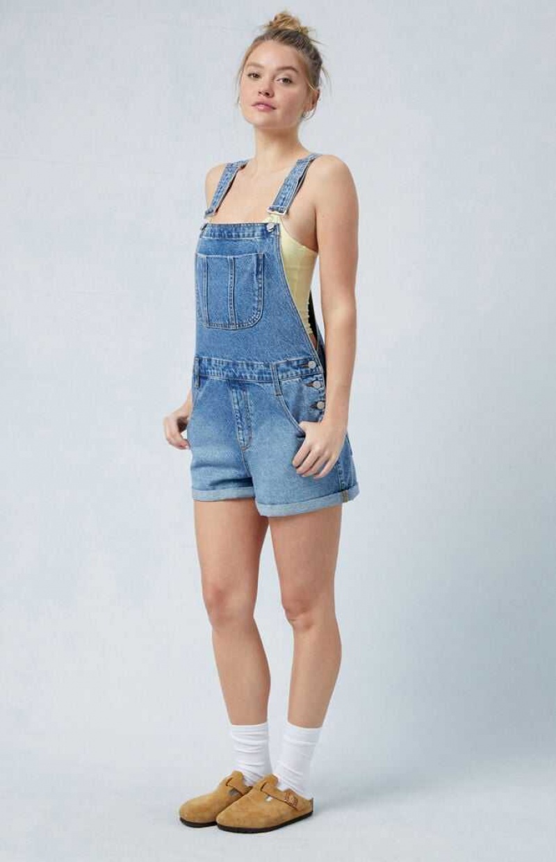 Pantalones PacSun Eco Medium Indigo Denim Corta Overalls Mujer Blancas | VICGM9416