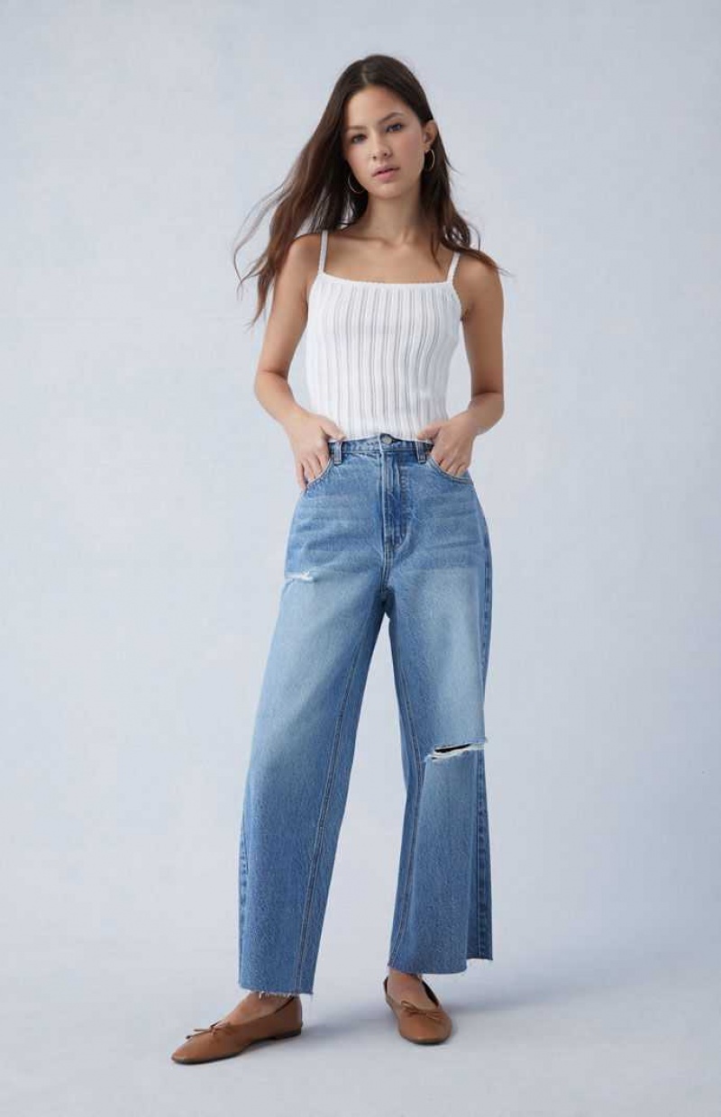 Pantalones PacSun Eco Medium Indigo Ripped Cropped Anchos Leg Mujer Indigo | NAHCQ7480