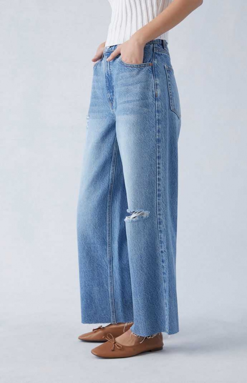 Pantalones PacSun Eco Medium Indigo Ripped Cropped Anchos Leg Mujer Indigo | NAHCQ7480