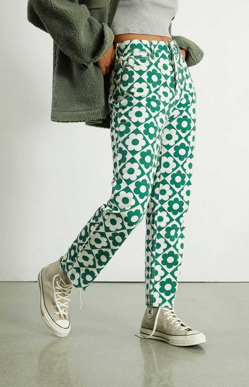 Pantalones PacSun Green & White Daisy High Waisted Directo Leg Mujer Verde Blancas | HKBSQ4130