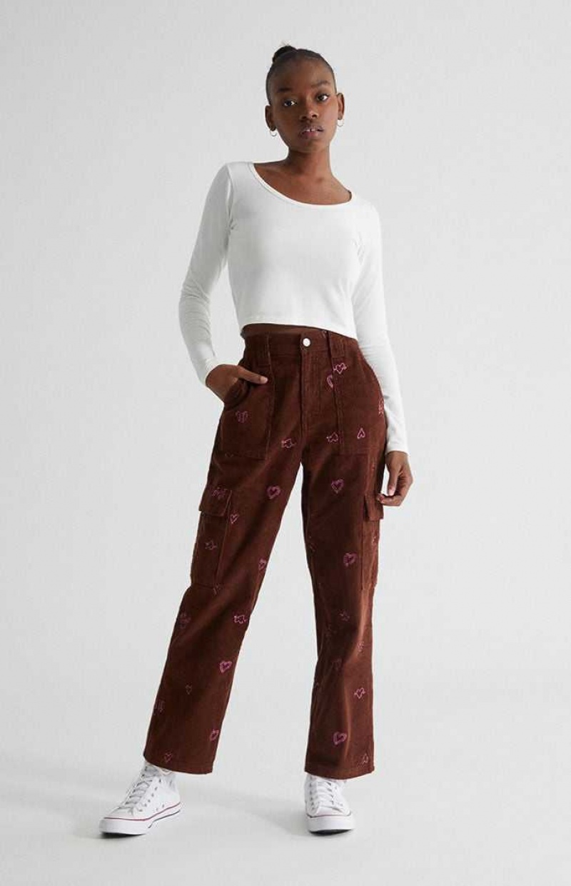 Pantalones PacSun Heartbreaker Corduroy Cargo Elastic Cintura Mujer Marrones | TWISE5740