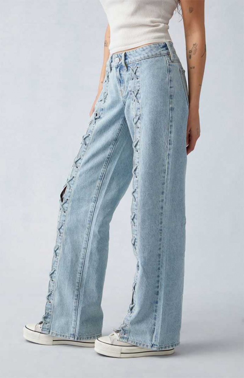 Pantalones PacSun Light Indigo Encaje-Up Low Rise Anchos Leg Mujer Indigo | HZXUF2069