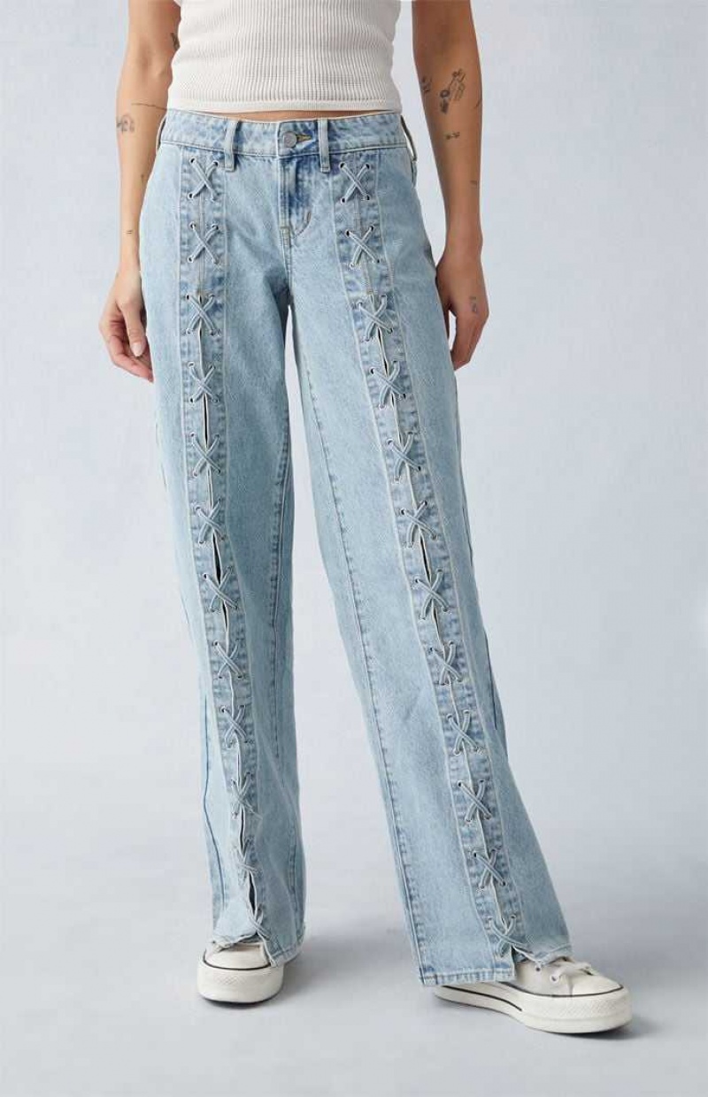 Pantalones PacSun Light Indigo Encaje-Up Low Rise Anchos Leg Mujer Indigo | HZXUF2069