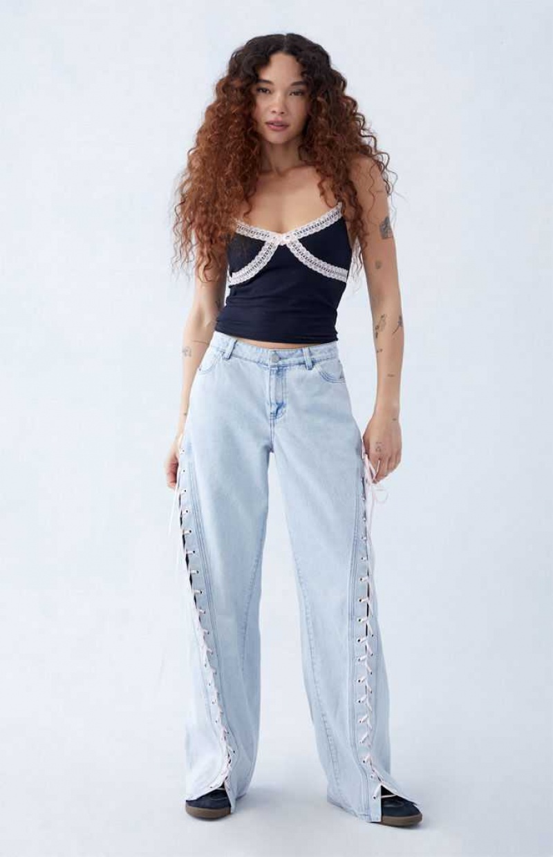 Pantalones PacSun Light Indigo Ribbon Encaje Up Low Rise gy Mujer Indigo | VPYAK7516