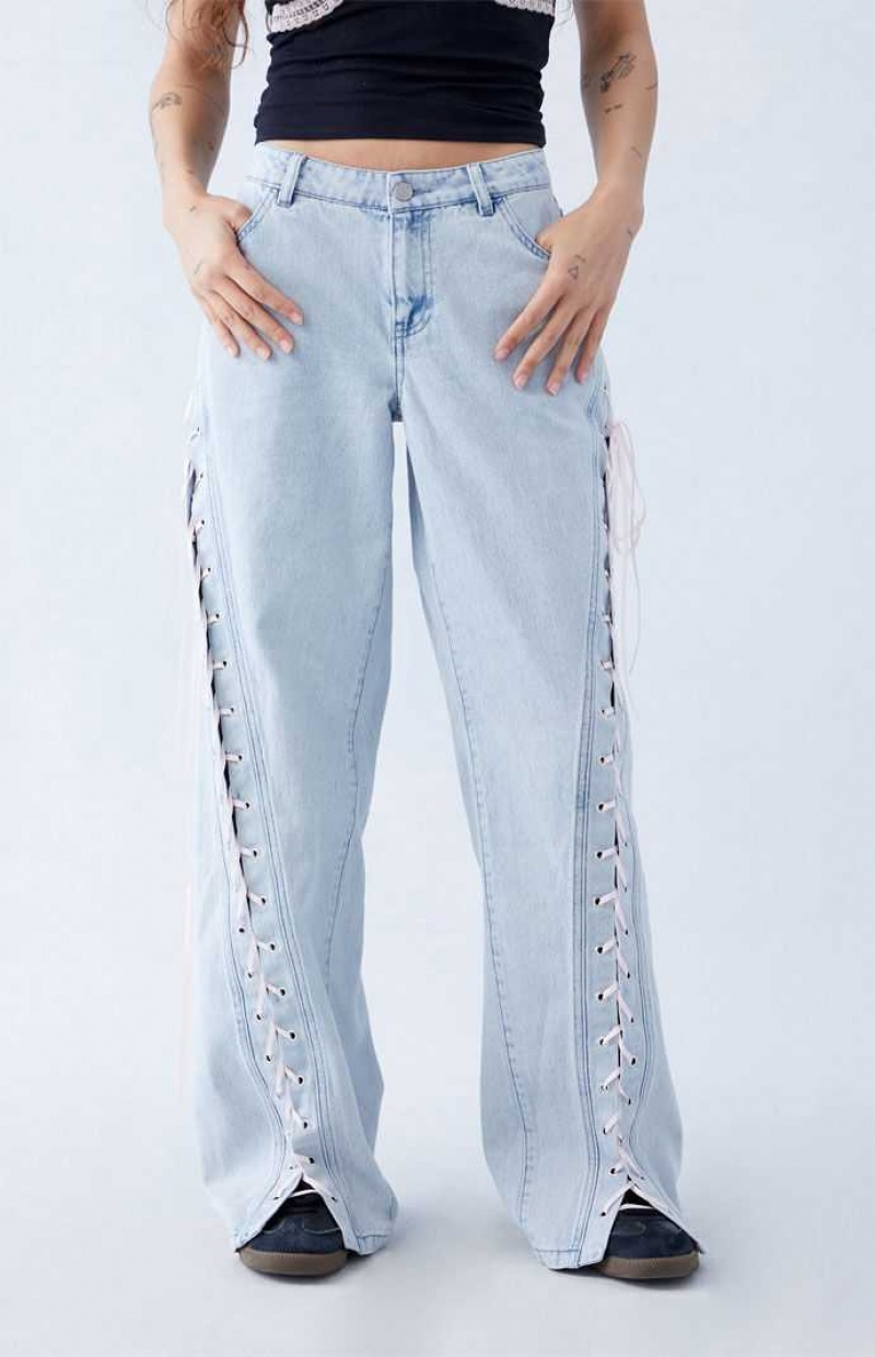 Pantalones PacSun Light Indigo Ribbon Encaje Up Low Rise gy Mujer Indigo | VPYAK7516