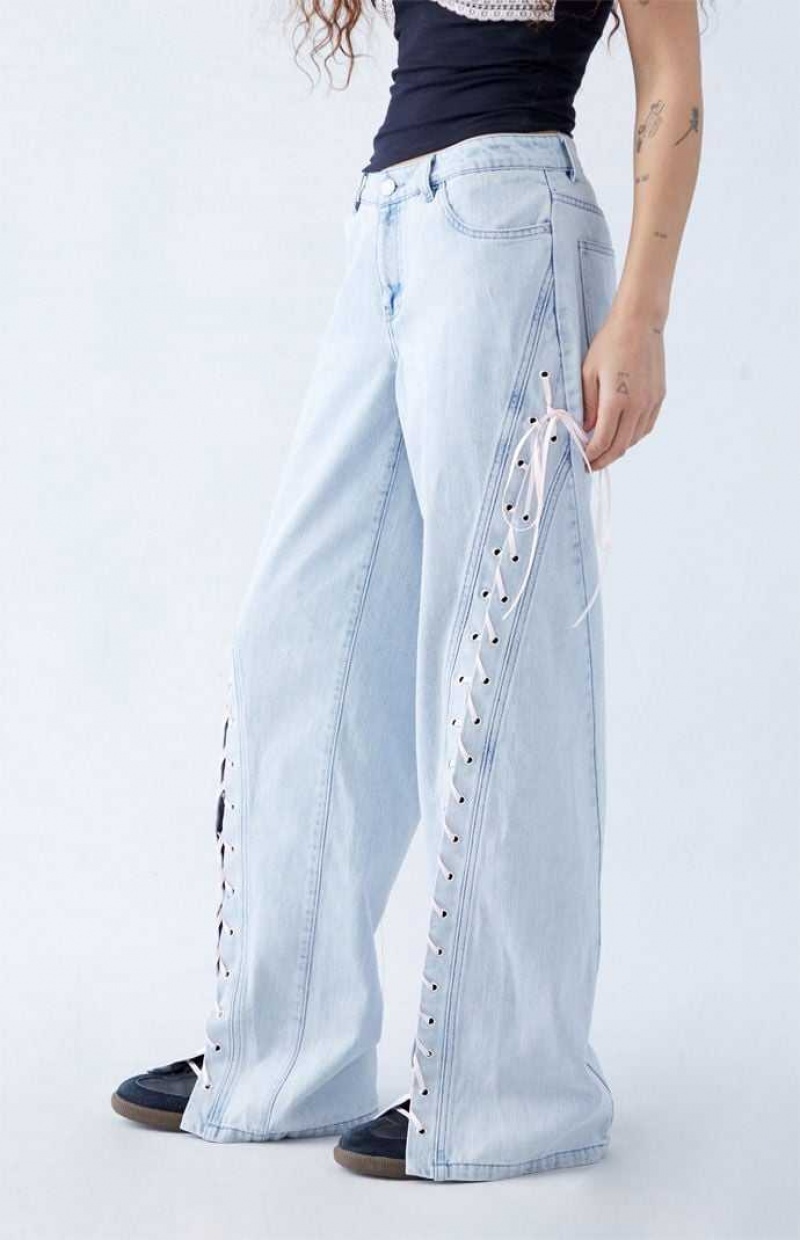 Pantalones PacSun Light Indigo Ribbon Encaje Up Low Rise gy Mujer Indigo | VPYAK7516