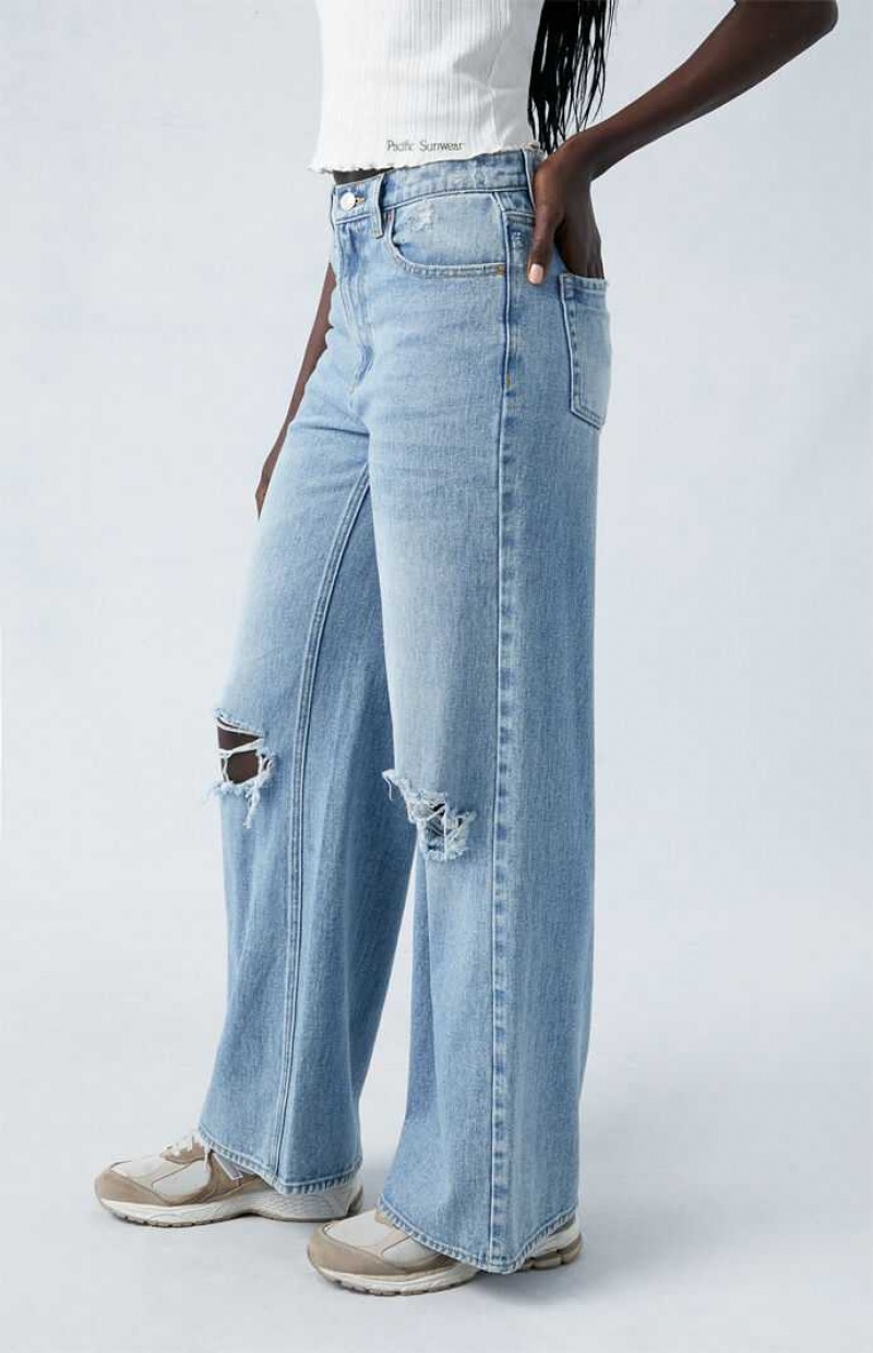 Pantalones PacSun Light Indigo Ripped Anchos Leg Mujer Indigo | SKJEV9528