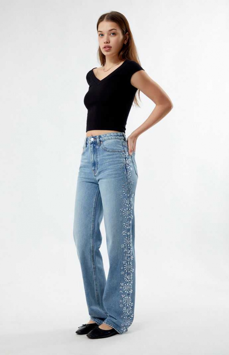 Pantalones PacSun Medium Indigo Floral Rhinestone '90s Boyfriend Mujer Indigo | YXJHM9028