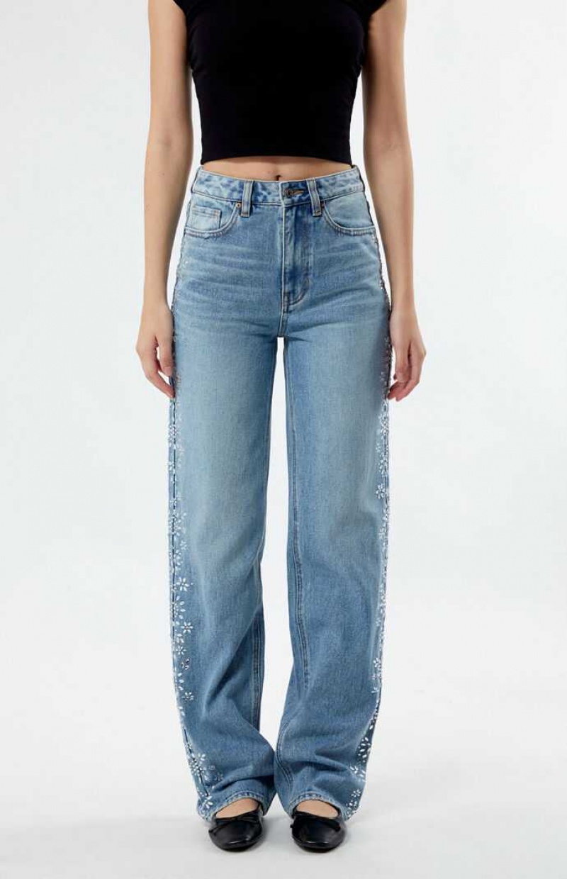 Pantalones PacSun Medium Indigo Floral Rhinestone '90s Boyfriend Mujer Indigo | YXJHM9028