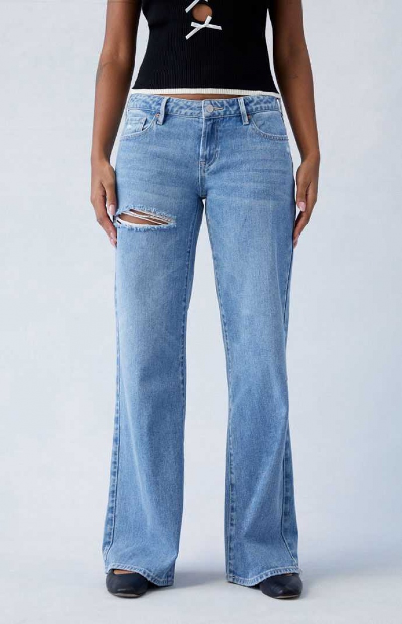 Pantalones PacSun Medium Indigo Ripped Low Rise Anchos Leg Mujer Indigo | PDCEJ3469