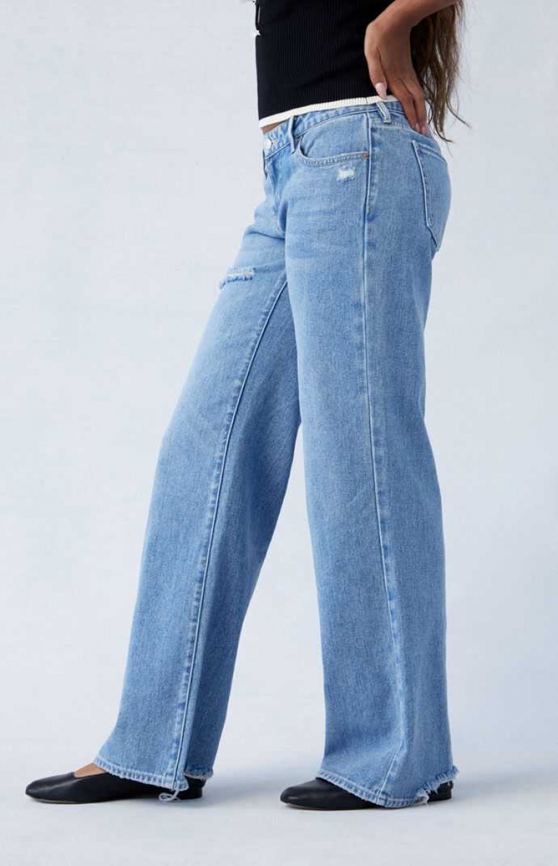 Pantalones PacSun Medium Indigo Ripped Low Rise Anchos Leg Mujer Indigo | PDCEJ3469