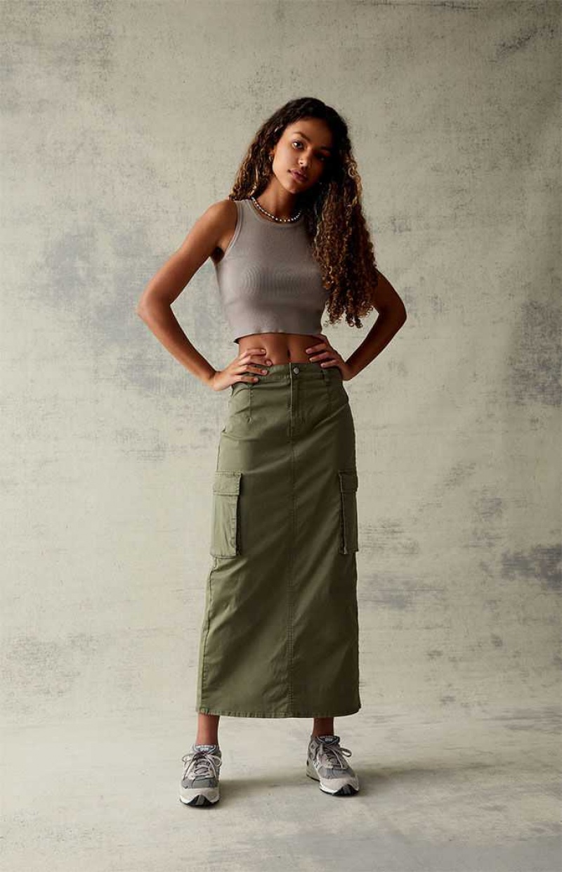 Pantalones PacSun Olive Stretch High-Waisted Cargo Midi Skirt Mujer Verde Oliva | QARXG1596