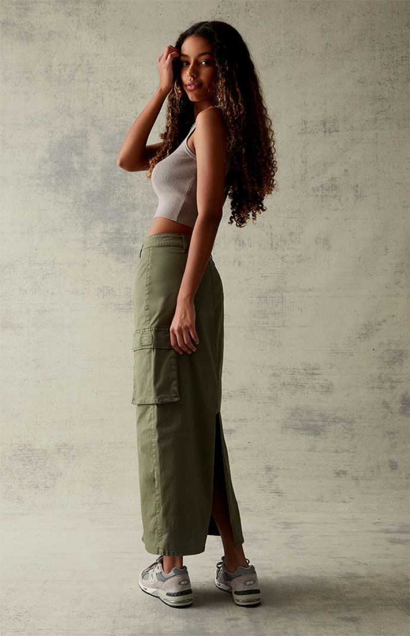 Pantalones PacSun Olive Stretch High-Waisted Cargo Midi Skirt Mujer Verde Oliva | QARXG1596