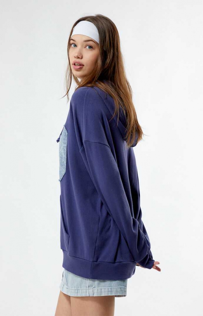 Sudadera con Capucha PacSun Denim Number Patch Mujer Azules | BIUXD0458