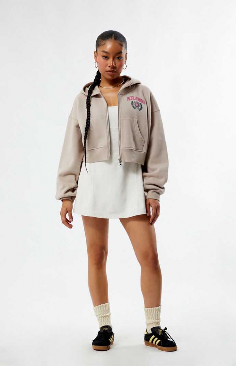 Sudadera con Capucha PacSun LA Crest Cropped Double Zip Mujer Gris Marrones | QWXMR8271