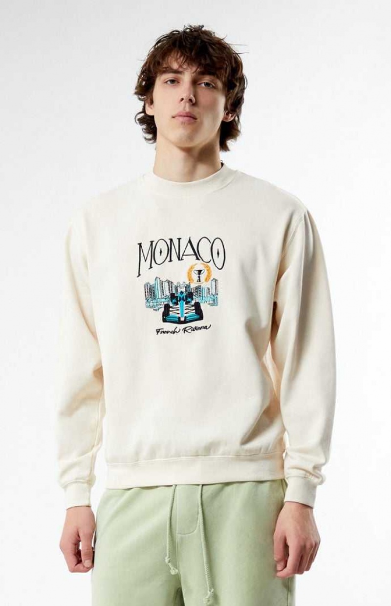 Sudaderas PacSun Monaco Embroidered Crew Neck Hombre Creme | PZBWE0925