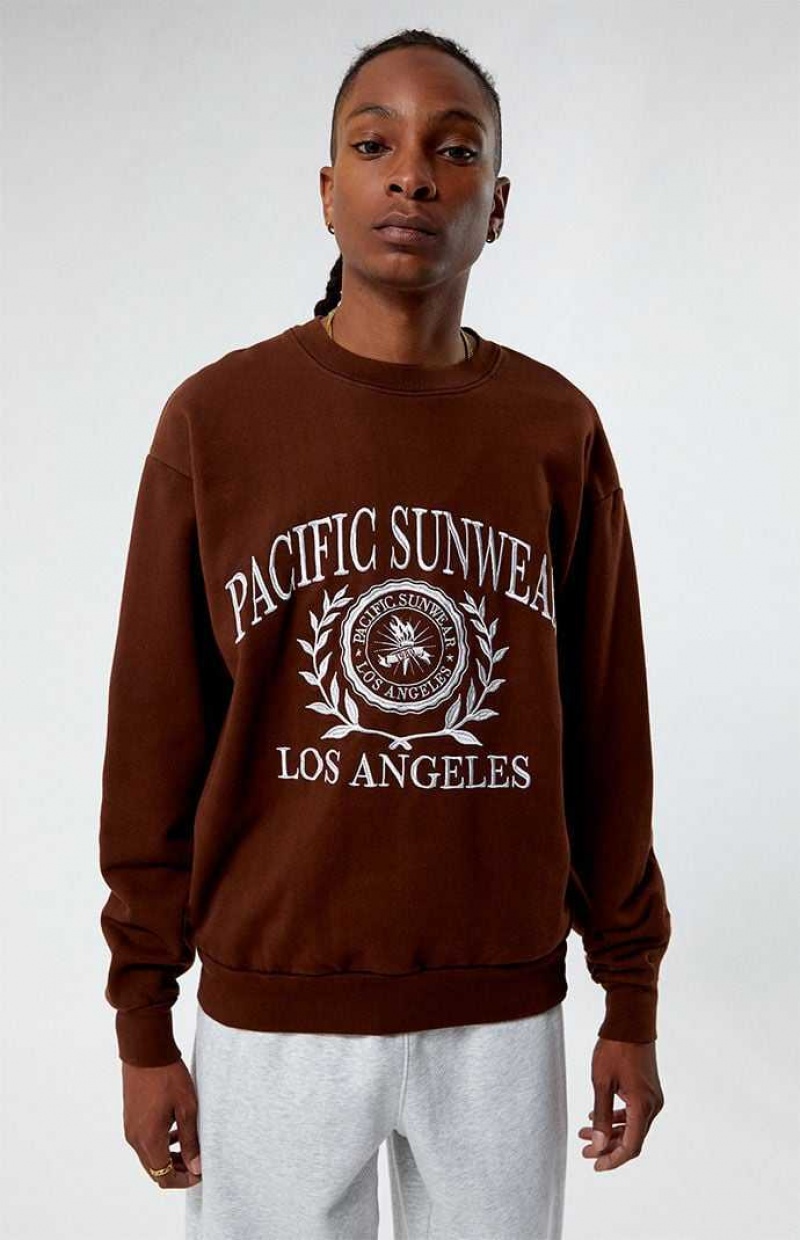 Sudaderas PacSun Pacific Sunwear Los Angeles Crest Crew Neck Hombre Marrones | GJBUQ3872