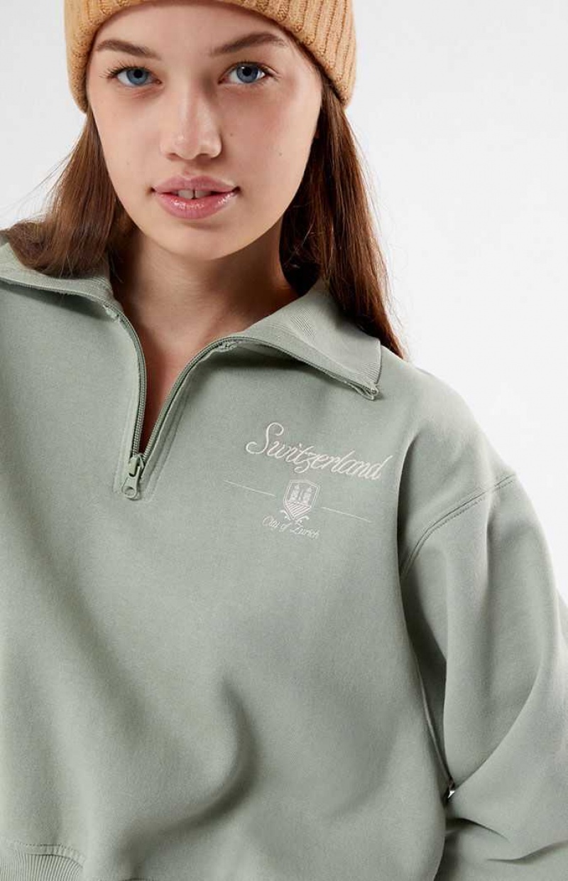 Sudaderas PacSun Switzerland Half Zip Cropped Mujer Verde Oliva | TXQHL4951