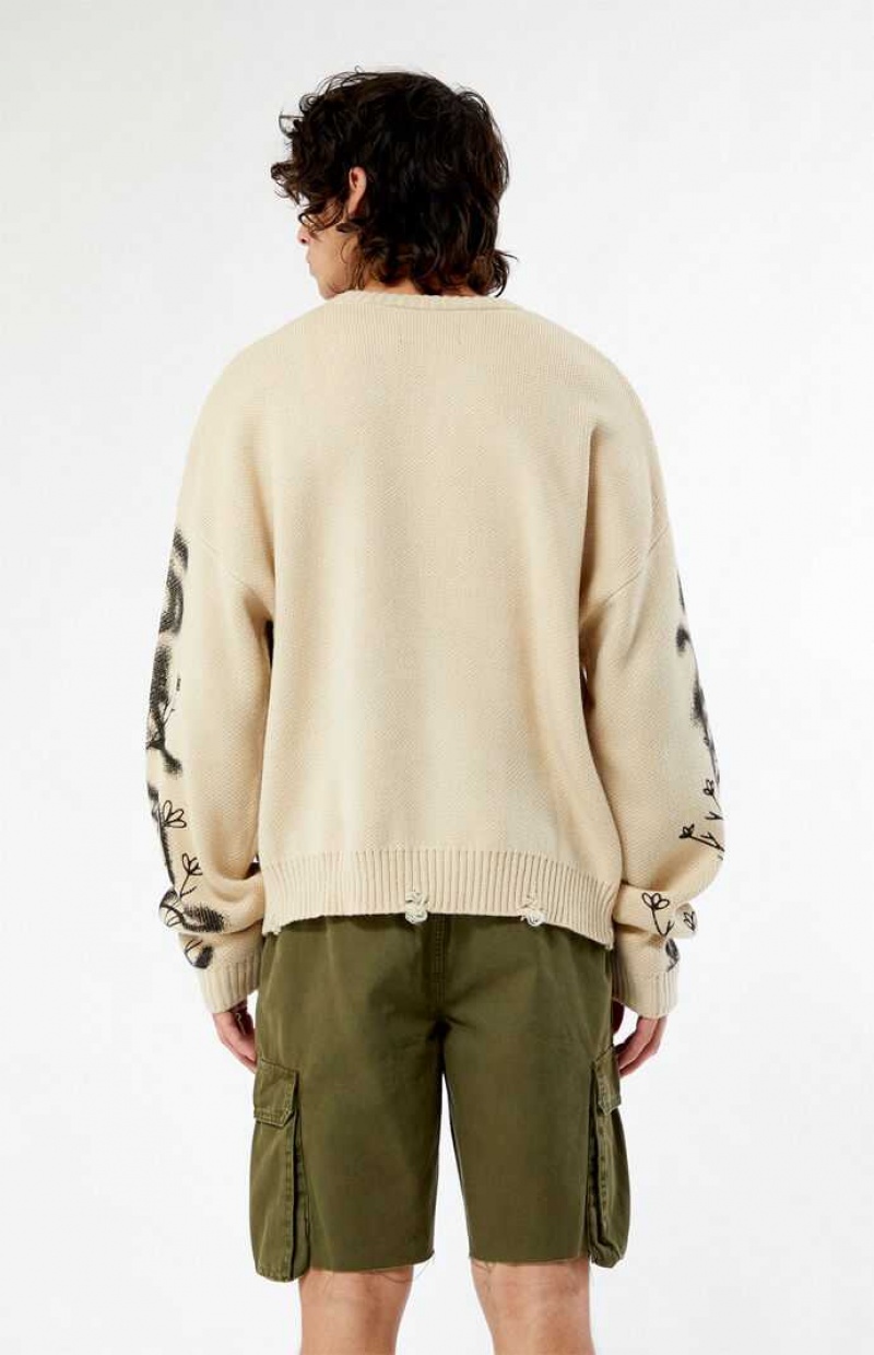 Suéteres PacSun Scrap The City Cropped Hombre Creme | BIFDK0978