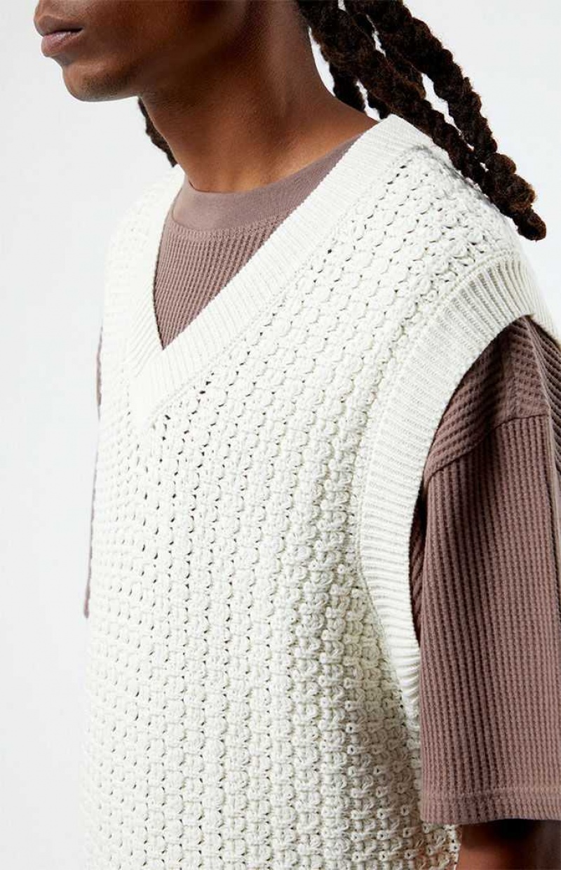 Suéteres PacSun White Crochet Knit Hombre Creme | VUTMP6954