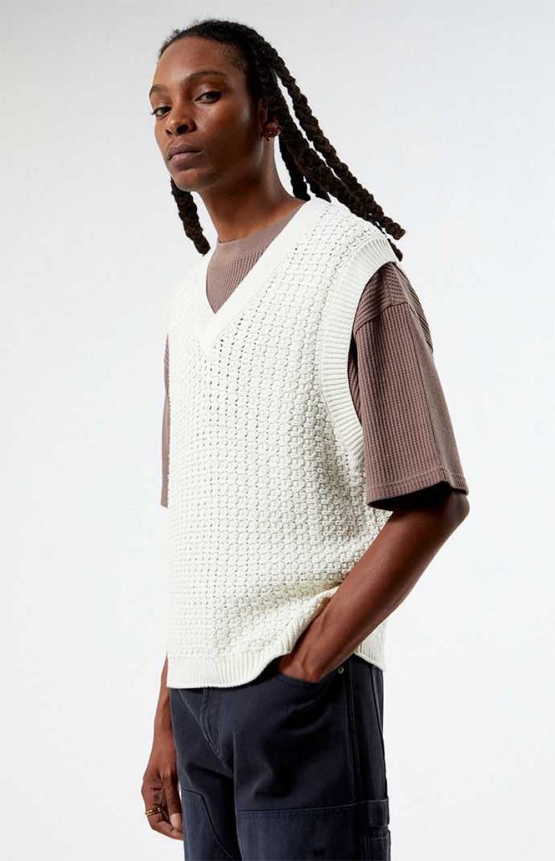 Suéteres PacSun White Crochet Knit Hombre Creme | VUTMP6954