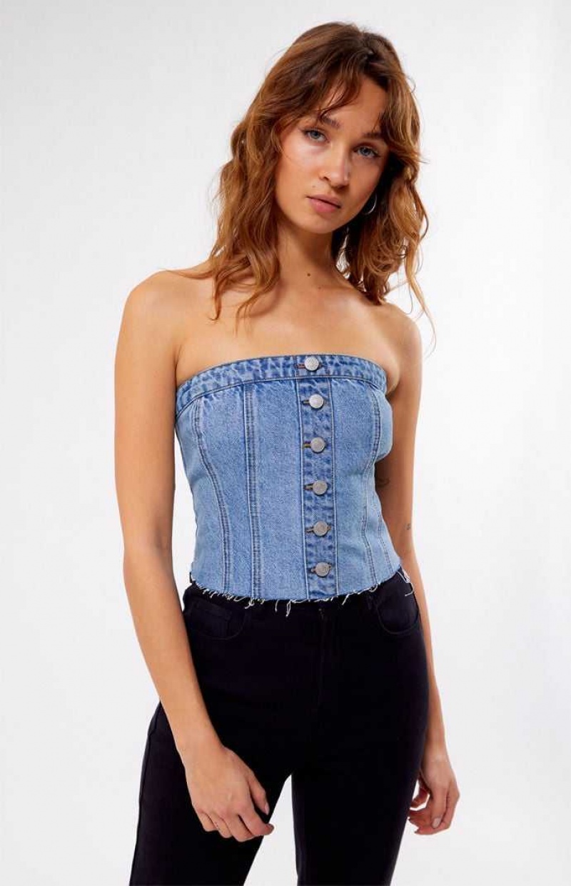 Tops PacSun Clemmie Denim Tube Mujer Indigo | NLCJX6172