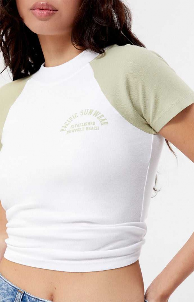 Tops PacSun Pacific Sunwear Arch Logo Raglan Mujer Blancas | UWCQZ9870