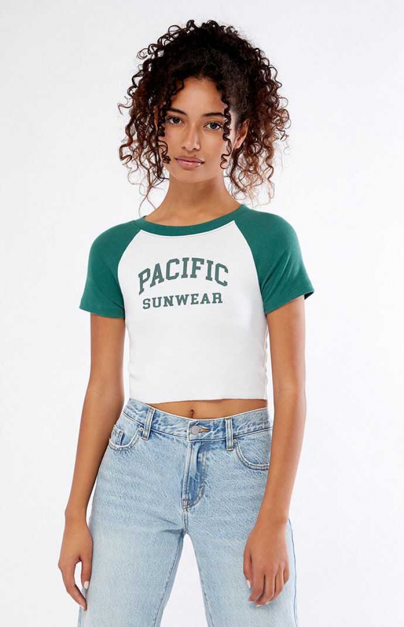 Tops PacSun White & Green Pacific Sunwear Arch Raglan Mujer Blancas Verde | EJPRC7382