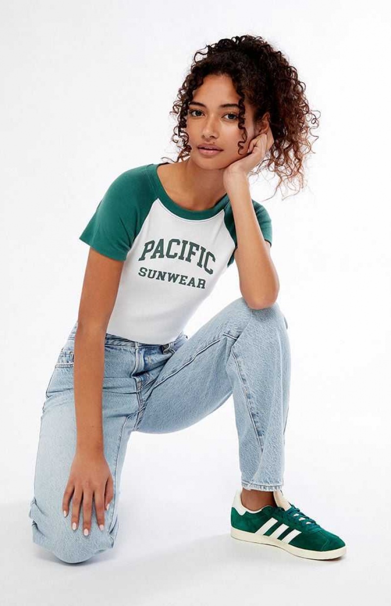 Tops PacSun White & Green Pacific Sunwear Arch Raglan Mujer Blancas Verde | EJPRC7382