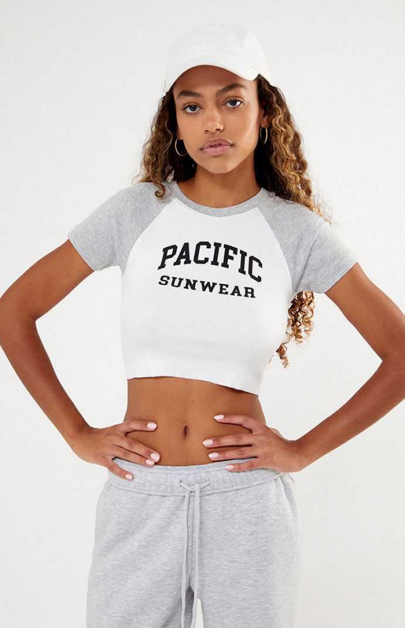 Tops PacSun White & Grey Pacific Sunwear Arch Raglan Mujer Blancas Gris | DJGHF2957