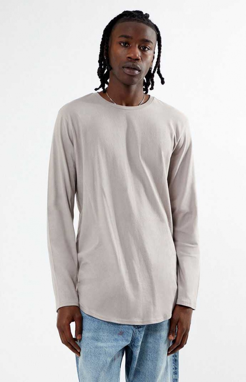 T-shirt PacSun Gray Basic Solid Scallop Long Sleeve Hombre Gris | YSDIQ2407