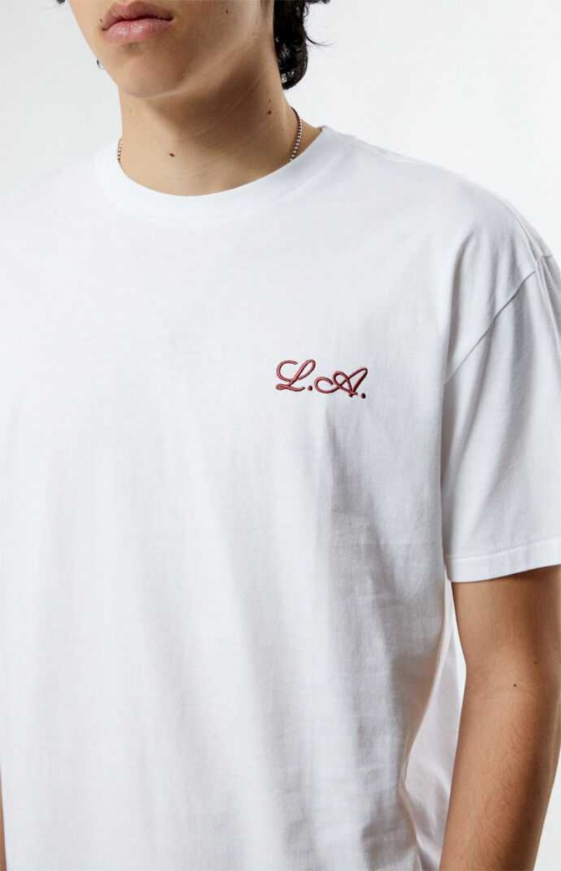 T-shirt PacSun PS Basics White Cursive LA Embroidered Hombre Blancas | FPSTB4806