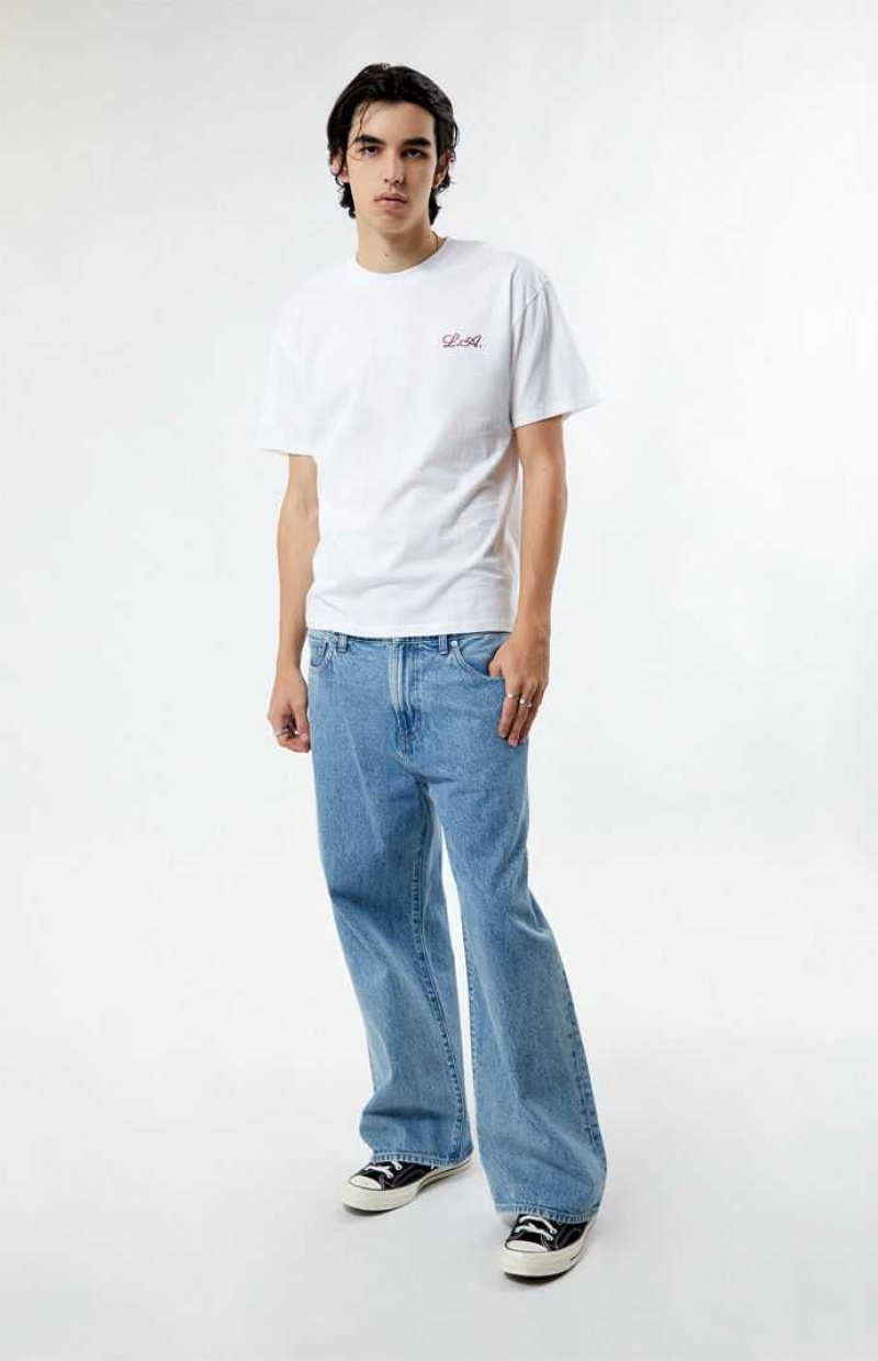 T-shirt PacSun PS Basics White Cursive LA Embroidered Hombre Blancas | FPSTB4806