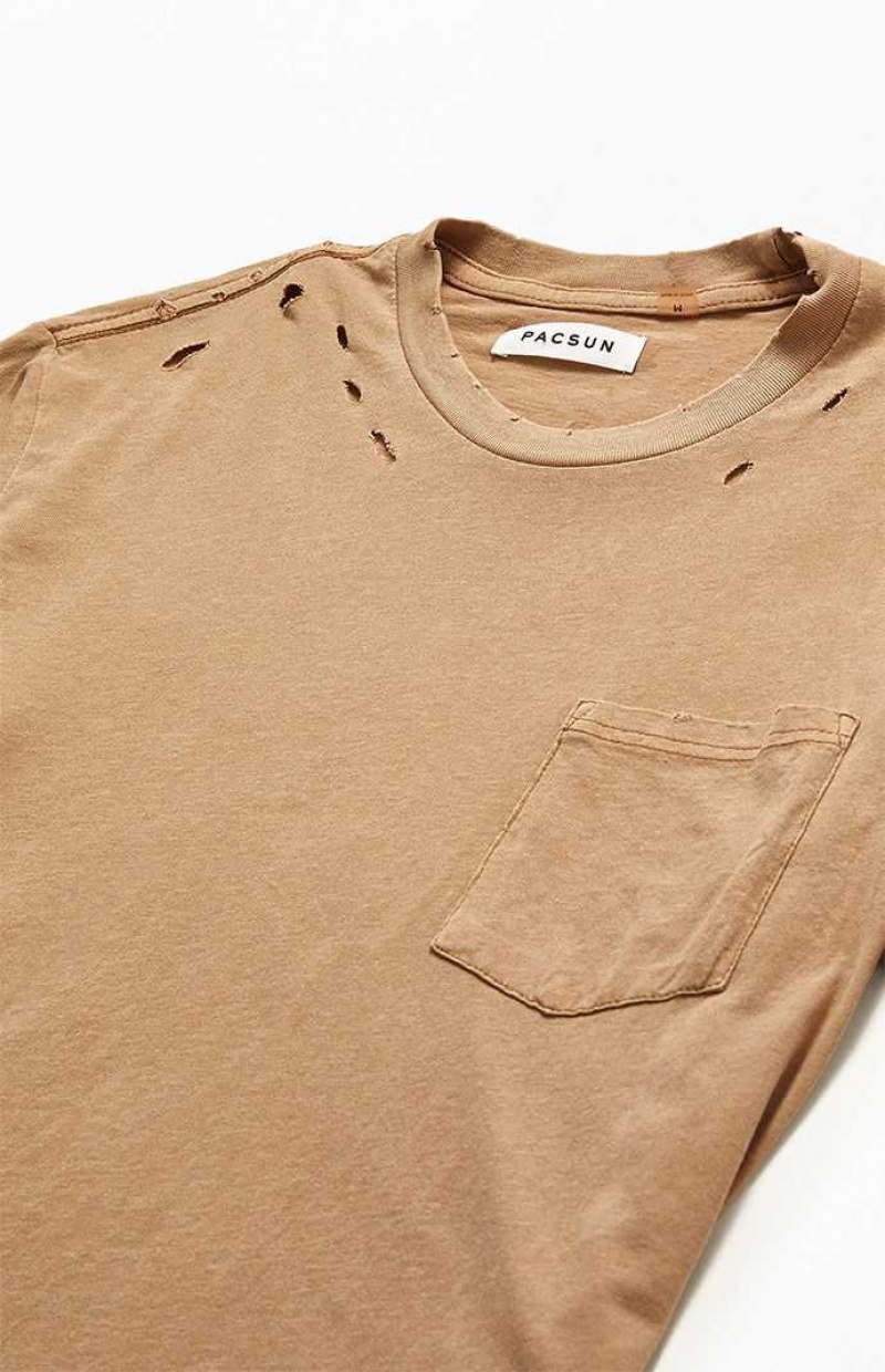 T-shirt PacSun Tan Distressed Pocket Hombre Marrones | NFIJP3186