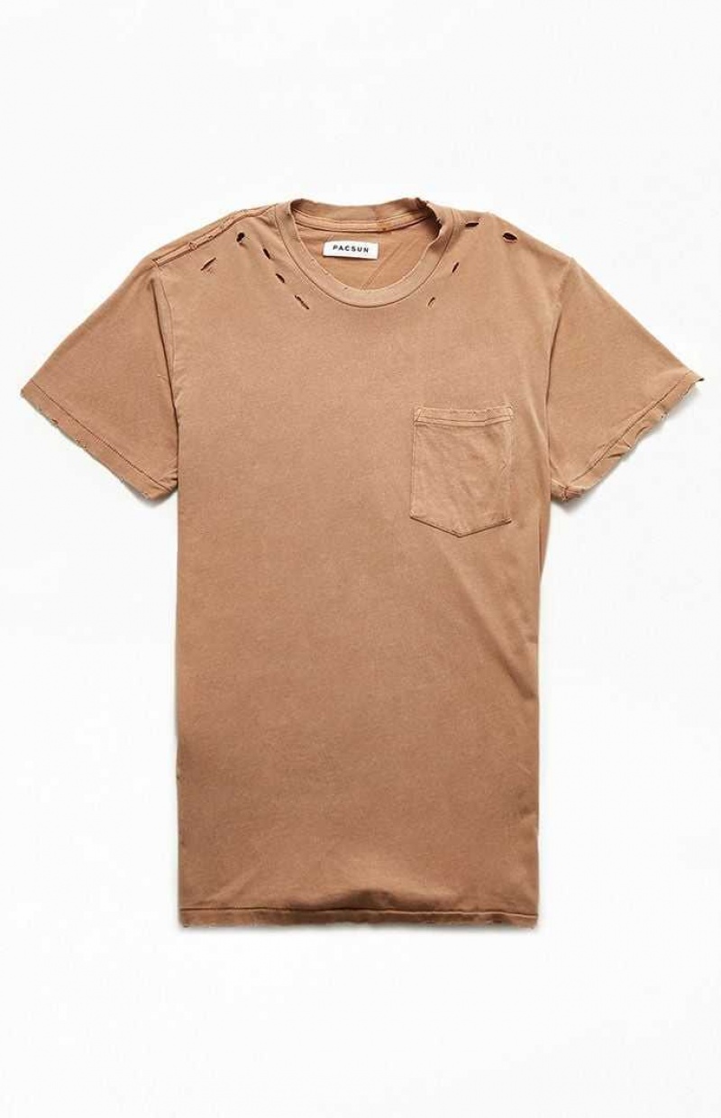 T-shirt PacSun Tan Distressed Pocket Hombre Marrones | NFIJP3186