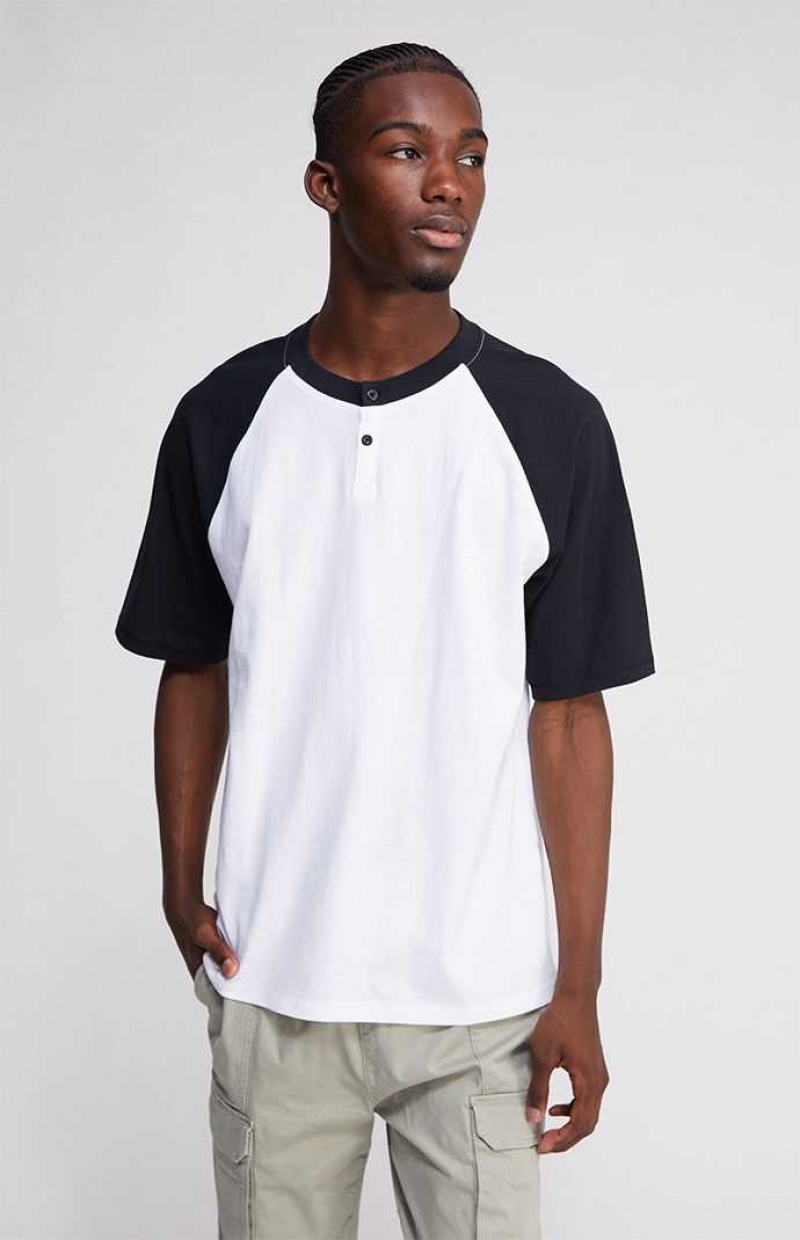 T-shirt PacSun White & Black Boxy Raglan Henley Hombre Blancas Negras | SUIGM7928